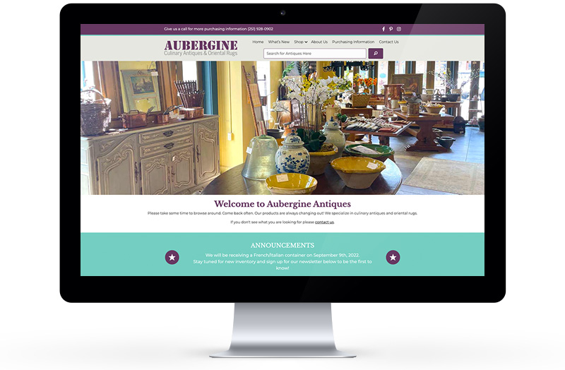 computer with aubergineantiques.com showing on screen